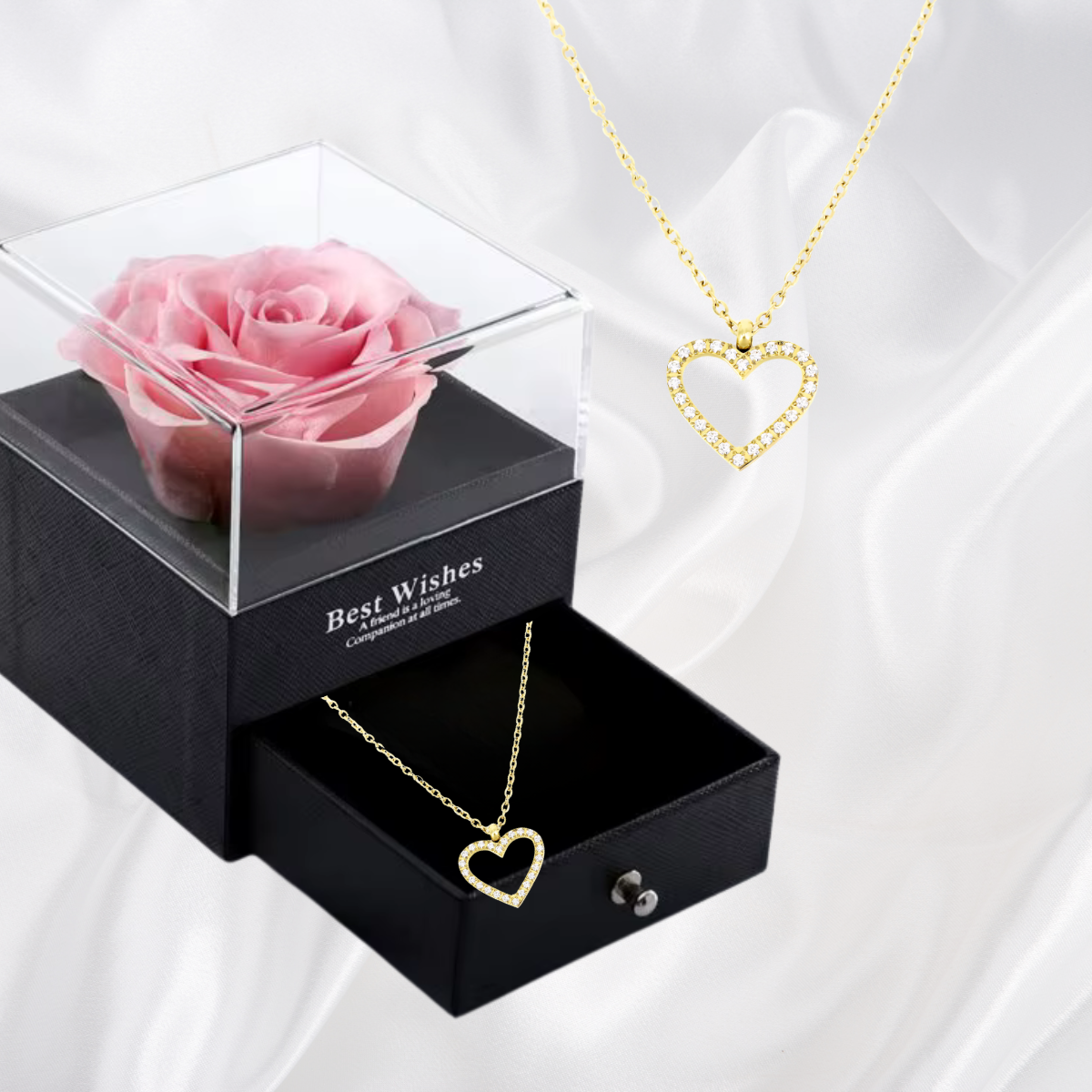 Caixa Rosa Real Com Colar De Coração