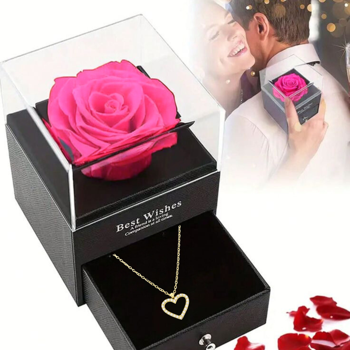Caixa Rosa Real Com Colar De Coração
