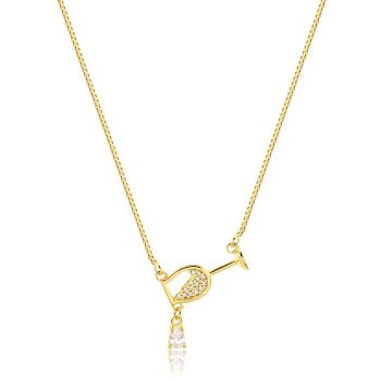 Colar Ouro 18k Veneziana Meia Taça Vinho Carvejado Zirconia