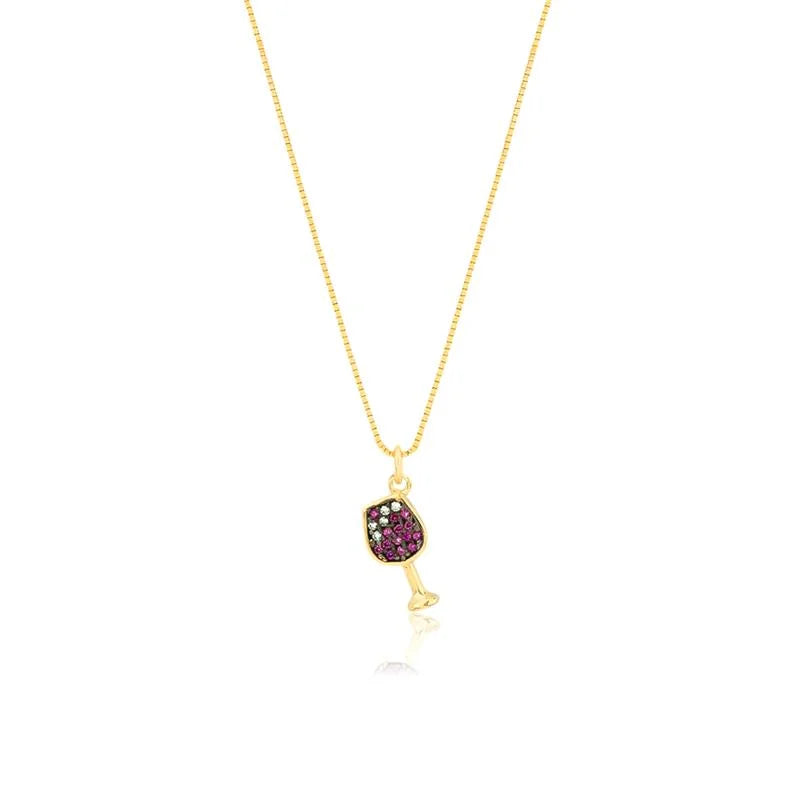 Colar Ouro 18k Veneziana Pingente Taça Vinho Cravejada Roxo