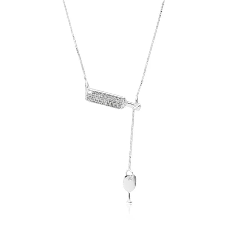 Colar Prata 925 Veneziana Garrafa Cravejada e Taça Lisa
