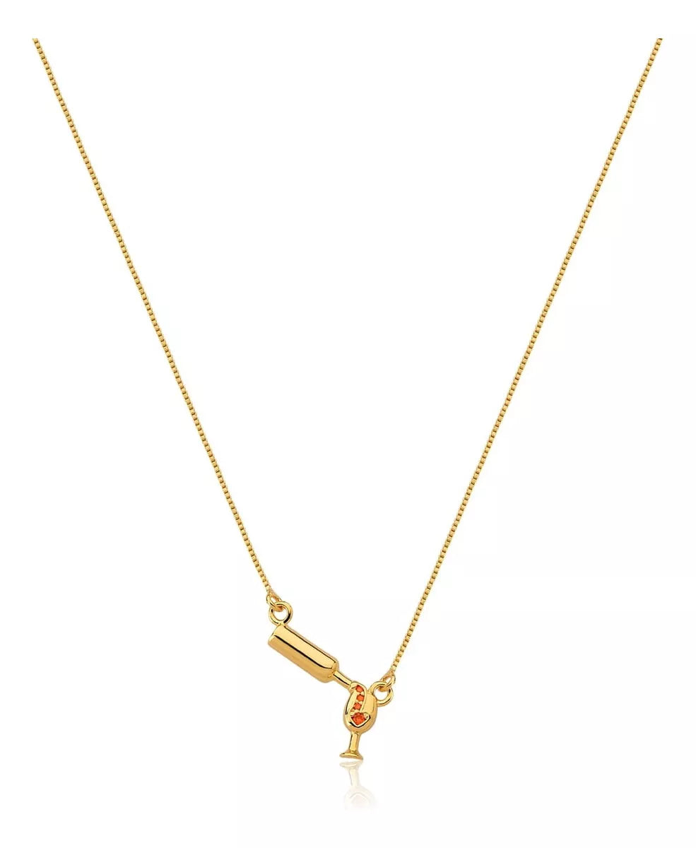 Colar Ouro 18k Veneziana Garrafa Vinho Enchendo Taça Com Zirconia