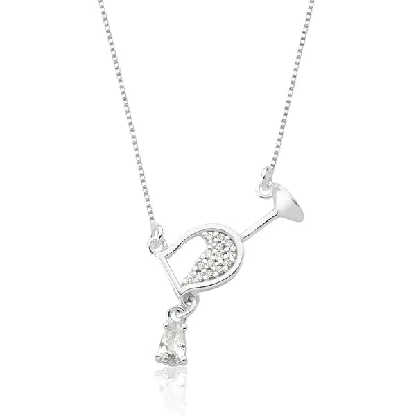 Colar Prata 925 Veneziana Meia Taça Vinho Cravejado Zircônia