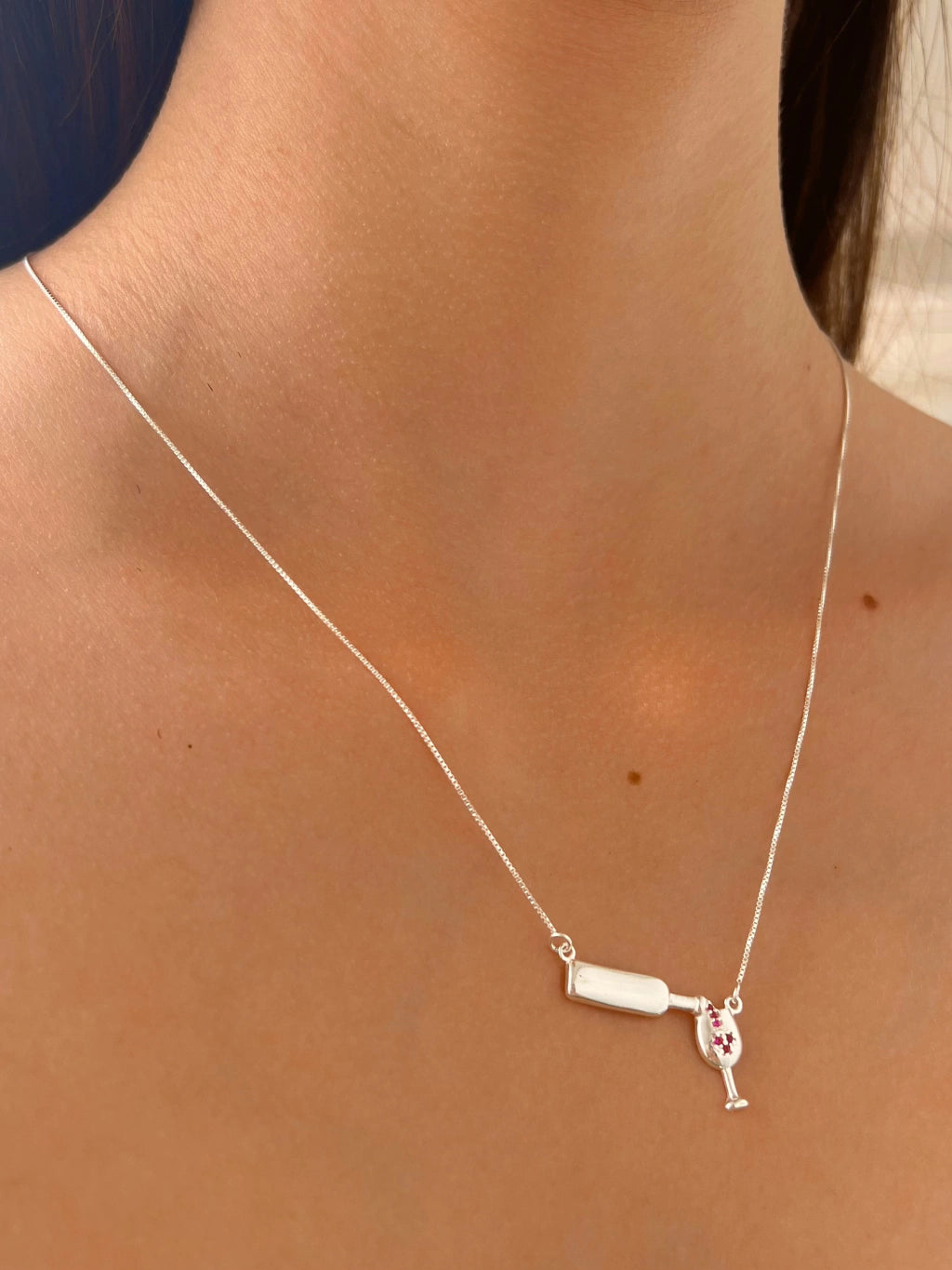 Colar Prata 925 Veneziana Garrafa Vinho Enchendo Taça Com Zirconia
