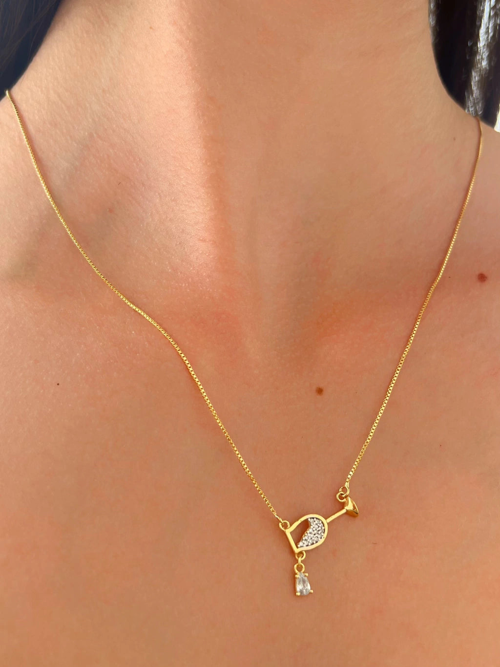 Colar Ouro 18k Veneziana Meia Taça Vinho Carvejado Zirconia