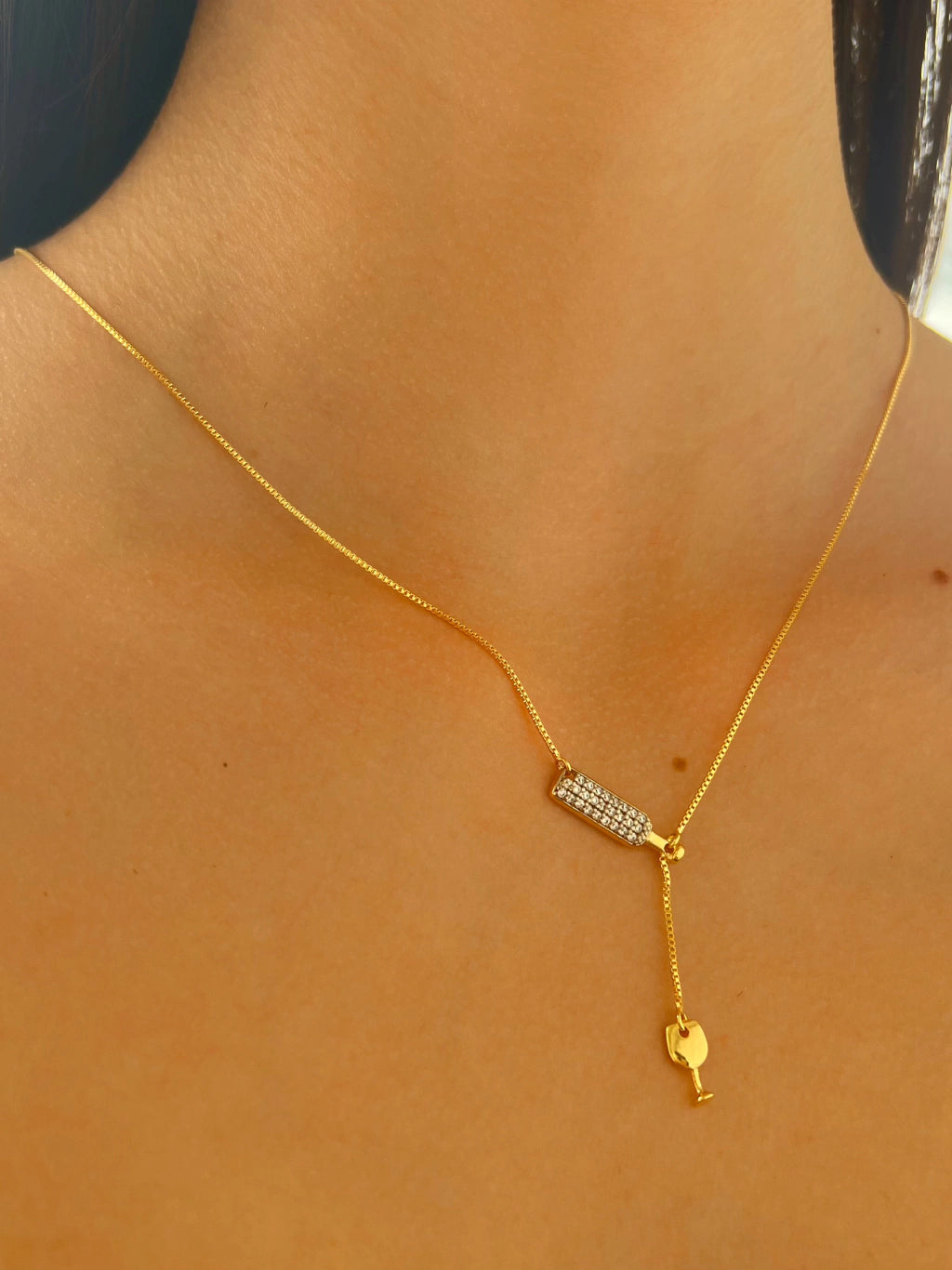 Colar Ouro 18k Veneziana Garrafa Cravejada e Taça Lisa