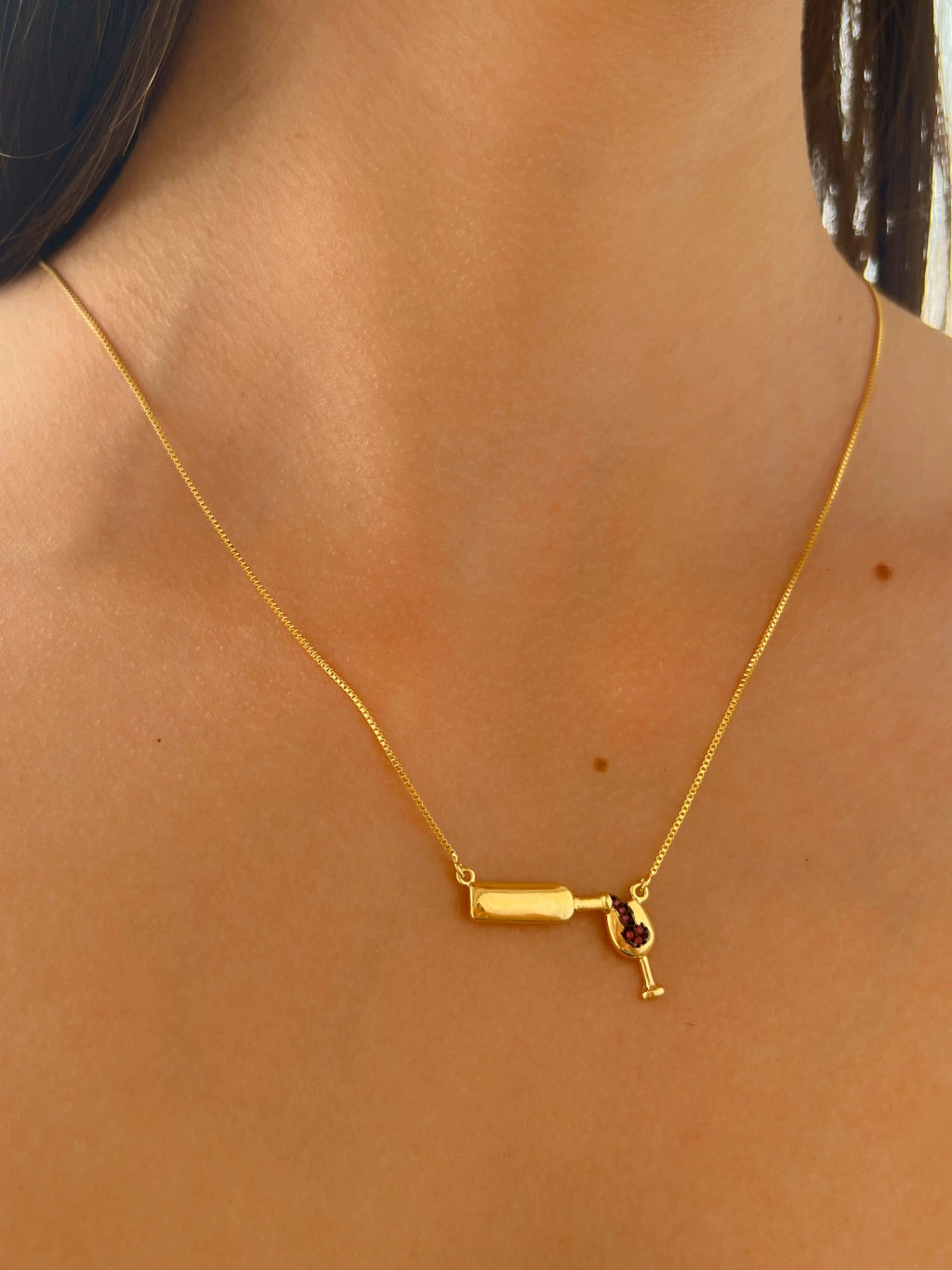 Colar Ouro 18k Veneziana Garrafa Vinho Enchendo Taça Com Zirconia